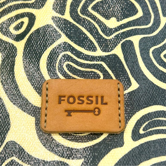 Y2K Fossil Key-Per Medium Zipper Pouch Bag Coated Canvas Tan Black Leather Trim - Picture 2 of 8